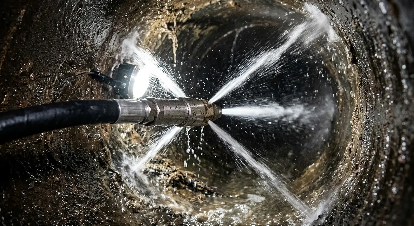 High-pressure hydro jetting nozzle cleaning sewer pipe for Trenchless Sewer Repair in Lake Barcroft