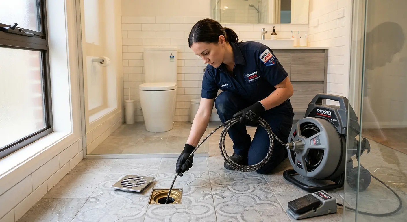 Technician clearing a bathroom floor drain for Clogged Drain Repair in Lake Barcroft